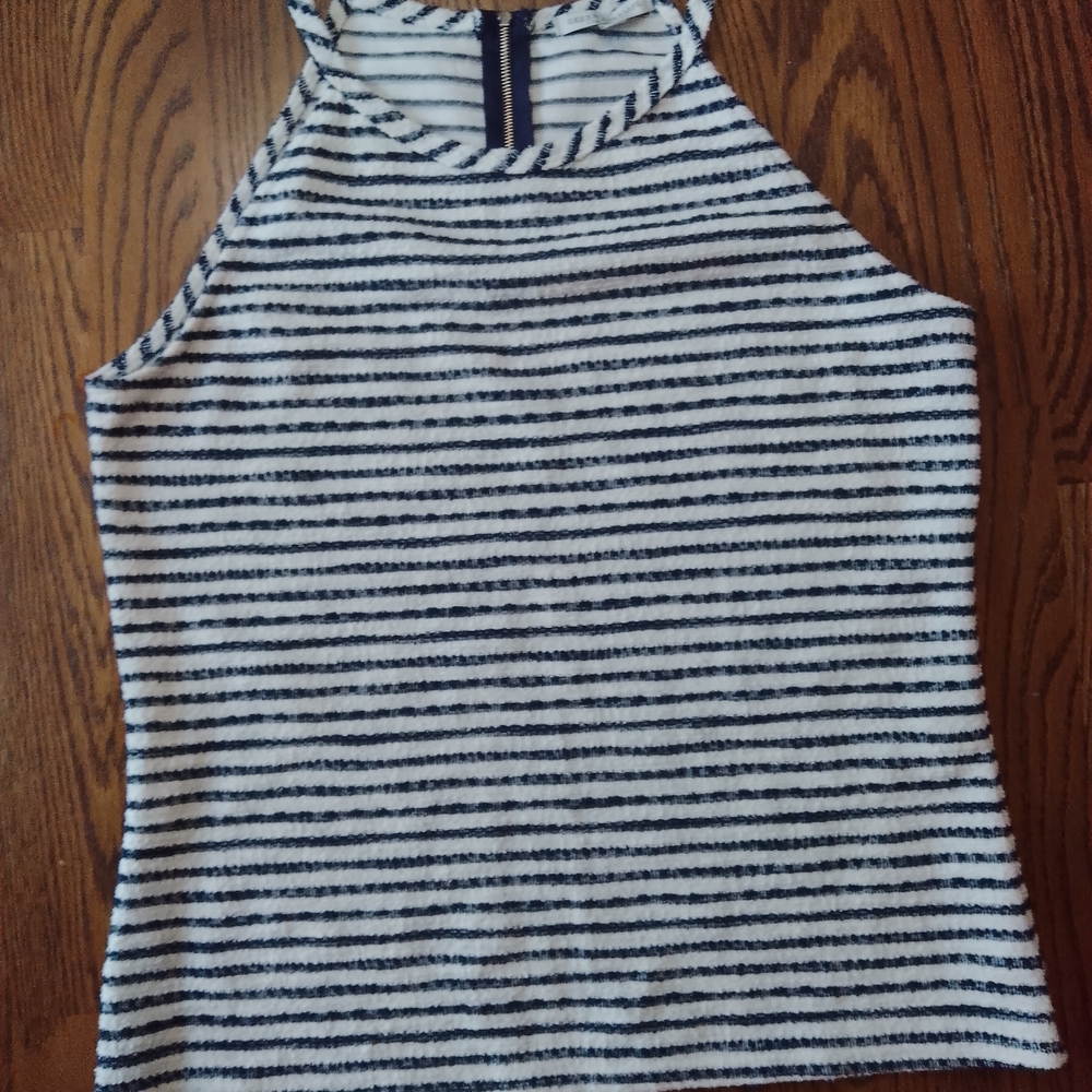 Green Envelope Fitted Gray and White Striped Tank Top